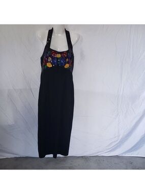 Vintage OUTLANDER Black Halter Dress w/colorful floral sequin design - M
